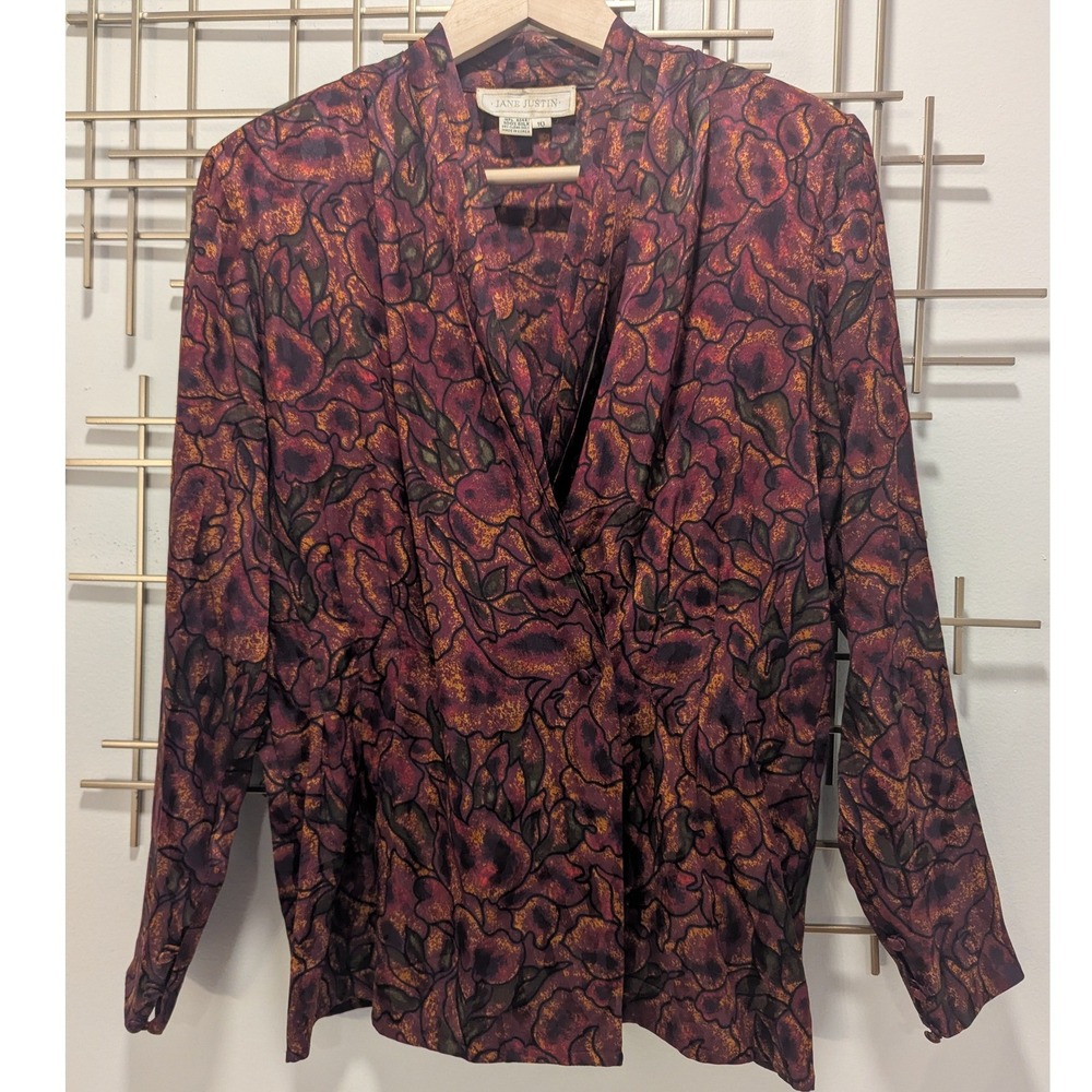 VTG 90's 100% Silk Floral Wrap Blouse Burgundy Gold‎ Black Long Sleeve Size 10